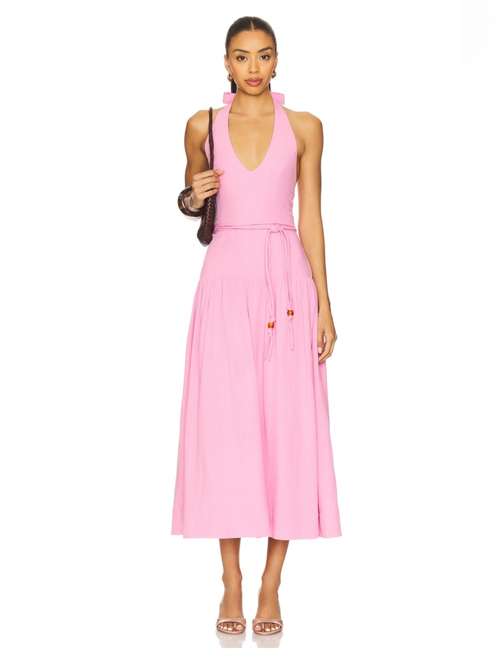 MINKPINK Melody Pink Dropwaist Halter Neck Midi Dress with Tie Waist | size S